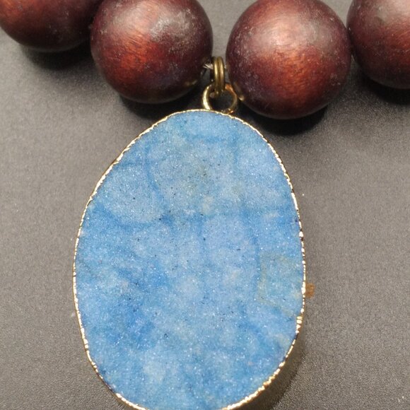 Wood Beads with Copper Blue Beads and Blue Stone Pendant - Picture 2 of 6